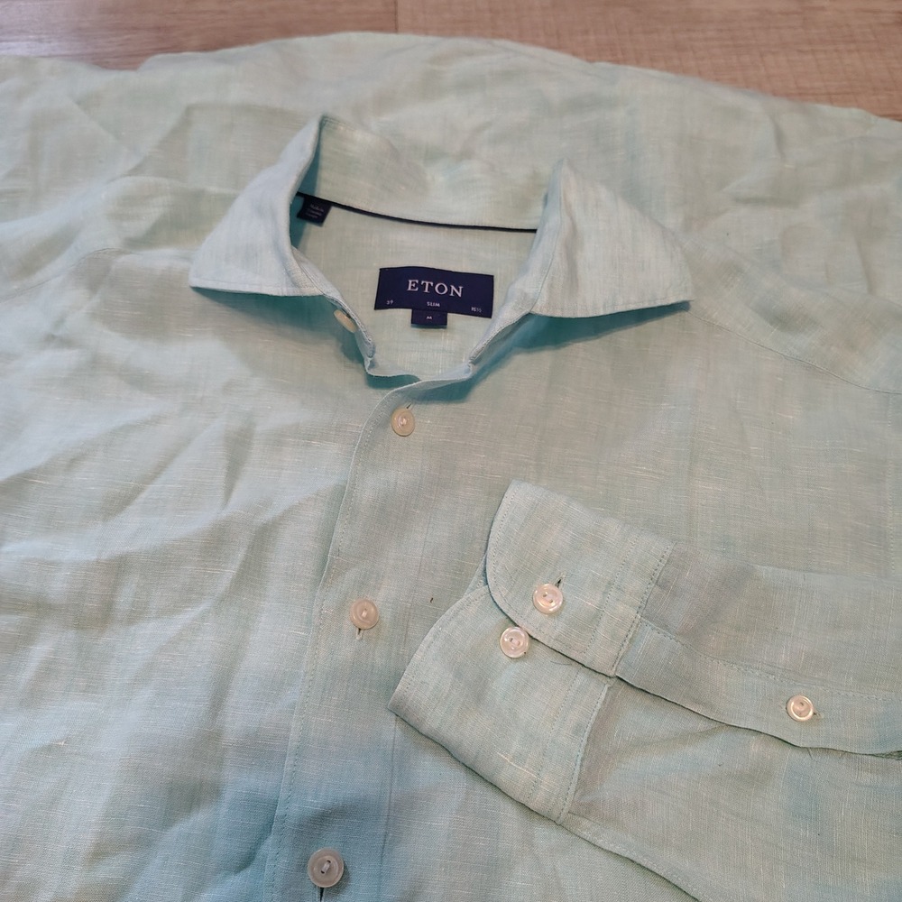 Eton Slim Fit Linen Shirt Mens 15.5 39 M Mint Green Long Sleeve Button Down